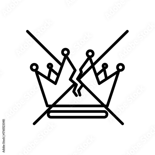 A minimalist black and white line drawing of a broken crown with a crack down the middle.