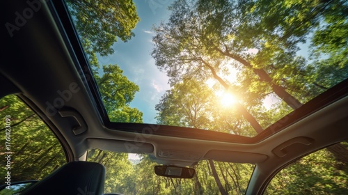 Bright sunlight streams through a cars sunroof with lush green trees surrounding the road.