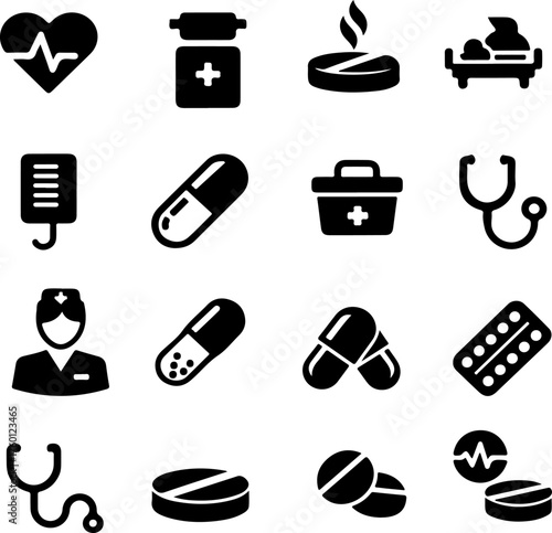 Collection of medical and healthcare icons representing health and wellness services and treatments