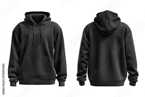 A plain black pullover hoodie, shown front and back, features a kangaroo pocket and drawstring hood