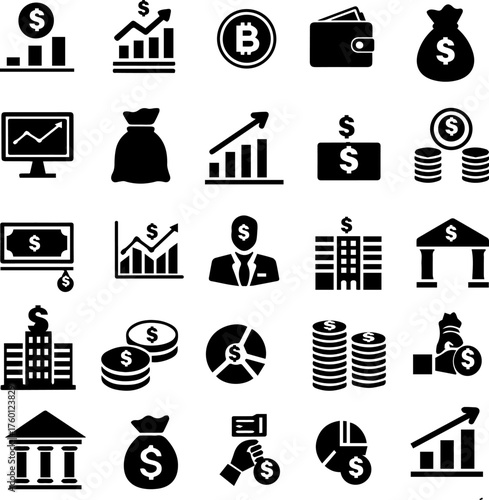 Collection of financial icons representing money growth investment banking and cryptocurrency