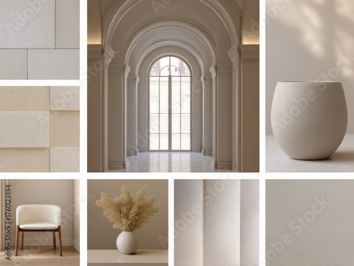 A visual collage showcases modern classic design with neutral tones, featuring minimalist furniture, textured surfaces, and natural accents