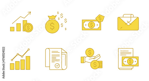 Financial Icons Growth Money Bag Currency and Investment Portfolio.