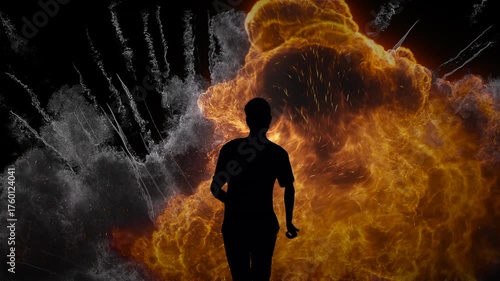 Man silhouette running from fiery explosion