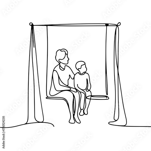 Mother and child on swing illustration in one line
