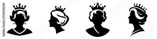 Set of silhouettes of full-face and profile portraits of the queen or an elderly woman wearing a crown in the style of the crowns logo