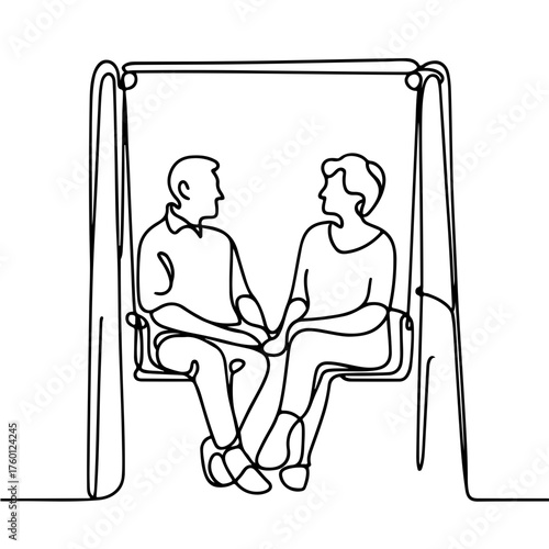 Elderly couple communicates on a swing illustration in one line