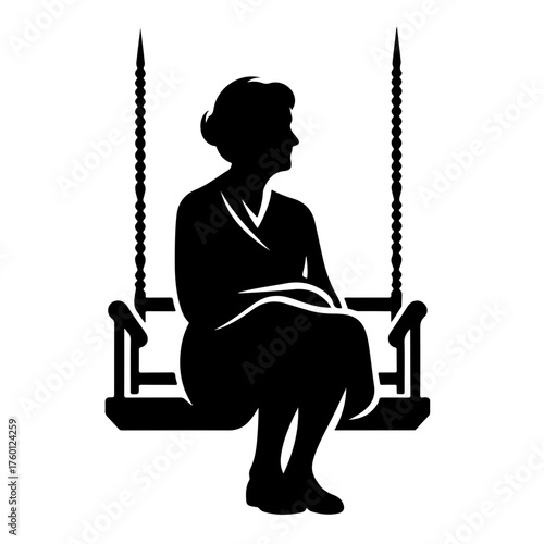 Elderly woman on swing black silhouette logo style