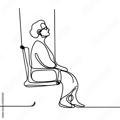 Elderly woman on swing illustration in one line