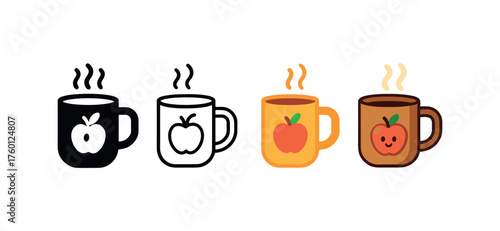 Vector icon cider mug same pose same proportions four styles black solid glyph outline minimal flat multicolor filled cartoon flat shaded.