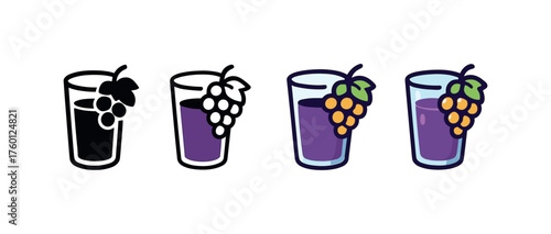Vector icon grape juice glass autumn same pose same proportions four styles black solid glyph outline minimal flat multicolor filled cartoon flat shaded.