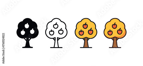 Vector icon orchard tree autumn same pose same proportions four styles black solid glyph outline minimal flat multicolor filled cartoon flat shaded.