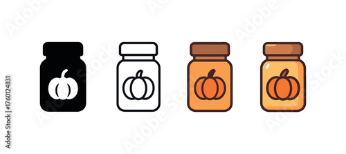 Vector icon pumpkin spice jar autumn same pose same proportions four styles black solid glyph outline minimal flat multicolor filled cartoon flat shaded.