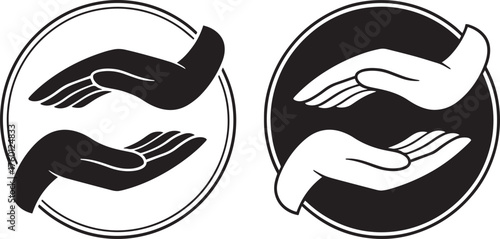 Two stylized hands in black and white circles, symbolizing care and support