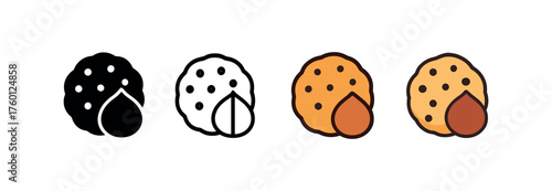 Vector icon hazelnut cookies autumn same pose same proportions four styles black solid glyph outline minimal flat multicolor filled cartoon flat shaded.