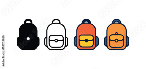 Vector icon autumn school backpack same pose same proportions four styles black solid glyph outline minimal flat multicolor filled cartoon flat shaded.