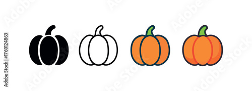 Vector icon pumpkin harvest same pose same proportions four styles black solid glyph outline minimal flat multicolor filled cartoon flat shaded.