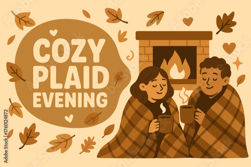 Cozy plaid evening banner flat vector illustration bold oversized text inside rounded blob cartoon characters wrapped in blankets by fireplace with mugs leaves floating around beige and.