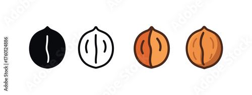 Vector icon walnut autumn same pose same proportions four styles black solid glyph outline minimal flat multicolor filled cartoon flat shaded.