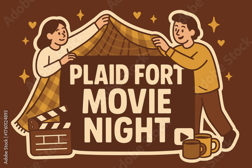 Plaid fort movie night banner flat vector illustration bold oversized text inside outline cartoon characters stringing plaid over the banner like tent and pressing play clapper board and.