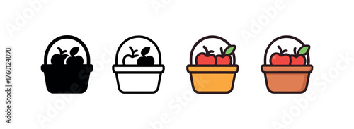 Vector icon basket with apples same pose same proportions four styles black solid glyph outline minimal flat multicolor filled cartoon flat shaded.
