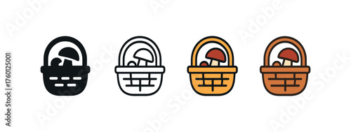Vector icon mushroom basket autumn same pose same proportions four styles black solid glyph outline minimal flat multicolor filled cartoon flat shaded.
