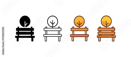 Vector icon bench in park autumn same pose same proportions four styles black solid glyph outline minimal flat multicolor filled cartoon flat shaded.