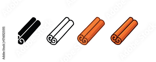 Vector icon cinnamon sticks autumn same pose same proportions four styles black solid glyph outline minimal flat multicolor filled cartoon flat shaded.