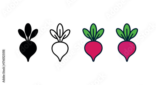 Vector icon beetroot fresh same pose same proportions four styles black solid glyph outline minimal flat multicolor filled cartoon flat shaded.