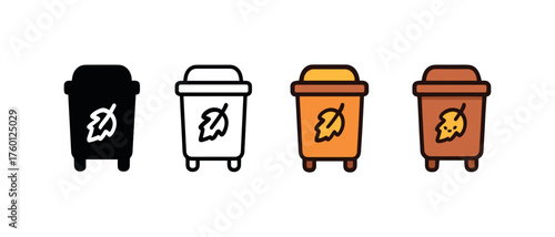 Vector icon compost bin autumn same pose same proportions four styles black solid glyph outline minimal flat multicolor filled cartoon flat shaded.
