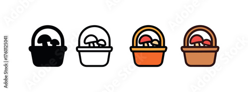 Vector icon basket with mushrooms same pose same proportions four styles black solid glyph outline minimal flat multicolor filled cartoon flat shaded.