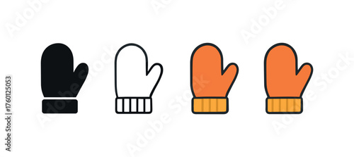 Vector icon warm mittens autumn same pose same proportions four styles black solid glyph outline minimal flat multicolor filled cartoon flat shaded.
