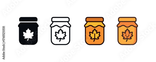 Vector icon honey jar autumn same pose same proportions four styles black solid glyph outline minimal flat multicolor filled cartoon flat shaded.