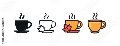 Vector icon hot tea cup autumn same pose same proportions four styles black solid glyph outline minimal flat multicolor filled cartoon flat shaded.