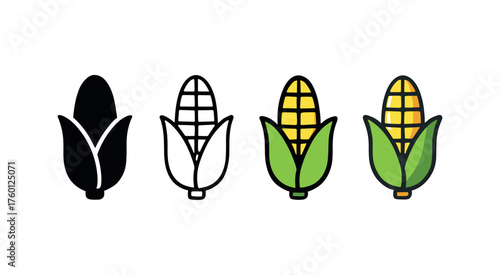 Vector icon corn cob autumn same pose same proportions four styles black solid glyph outline minimal flat multicolor filled cartoon flat shaded.