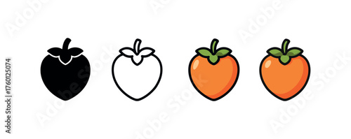 Vector icon persimmon autumn same pose same proportions four styles black solid glyph outline minimal flat multicolor filled cartoon flat shaded.