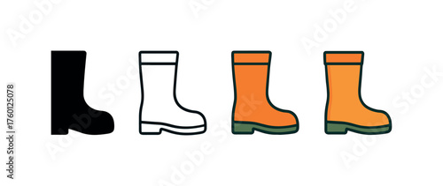 Vector icon rubber boots autumn same pose same proportions four styles black solid glyph outline minimal flat multicolor filled cartoon flat shaded.