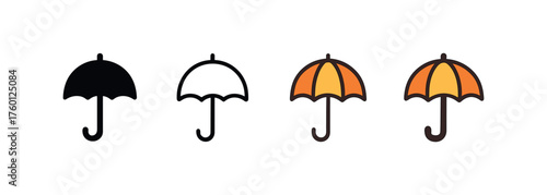 Vector icon umbrella open autumn same pose same proportions four styles black solid glyph outline minimal flat multicolor filled cartoon flat shaded.