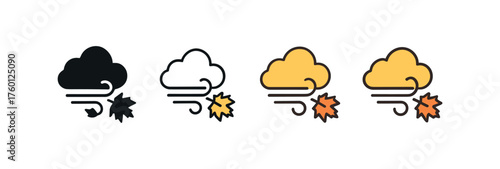 Vector icon windy cloud autumn same pose same proportions four styles black solid glyph outline minimal flat multicolor filled cartoon flat shaded.