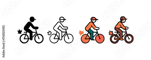 Vector icon bicycle autumn ride same pose same proportions four styles black solid glyph outline minimal flat multicolor filled cartoon flat shaded.