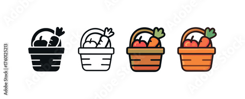 Vector icon wooden basket harvest same pose same proportions four styles black solid glyph outline minimal flat multicolor filled cartoon flat shaded.