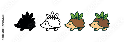 Vector icon hedgehog with leaves same pose same proportions four styles black solid glyph outline minimal flat multicolor filled cartoon flat shaded.