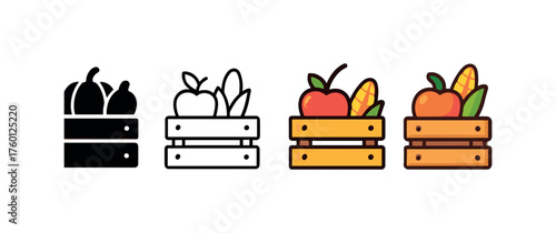 Vector icon autumn harvest crate same pose same proportions four styles black solid glyph outline minimal flat multicolor filled cartoon flat shaded.