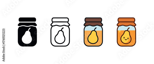 Vector icon pear compote jar autumn same pose same proportions four styles black solid glyph outline minimal flat multicolor filled cartoon flat shaded.