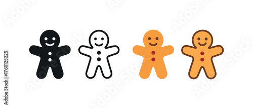 Vector icon gingerbread cookie autumn same pose same proportions four styles black solid glyph outline minimal flat multicolor filled cartoon flat shaded.