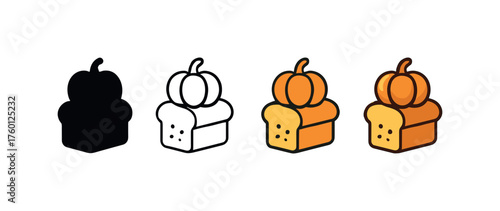 Vector icon pumpkin bread autumn same pose same proportions four styles black solid glyph outline minimal flat multicolor filled cartoon flat shaded.