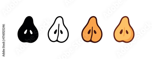 Vector icon dried pear slices autumn same pose same proportions four styles black solid glyph outline minimal flat multicolor filled cartoon flat shaded.