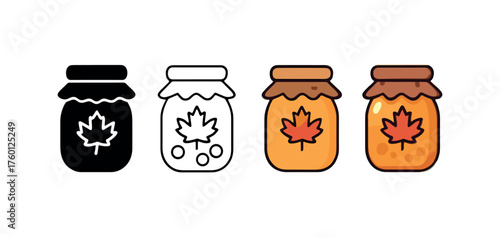 Vector icon marmalade jar autumn same pose same proportions four styles black solid glyph outline minimal flat multicolor filled cartoon flat shaded.