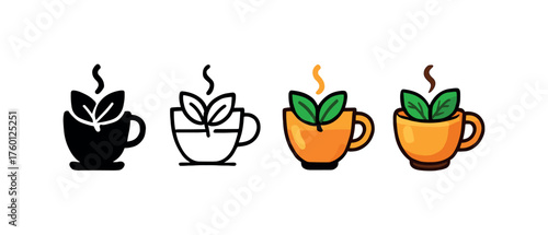 Vector icon mint tea autumn same pose same proportions four styles black solid glyph outline minimal flat multicolor filled cartoon flat shaded.