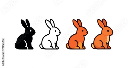 Vector icon rabbit autumn meadow same pose same proportions four styles black solid glyph outline minimal flat multicolor filled cartoon flat shaded.